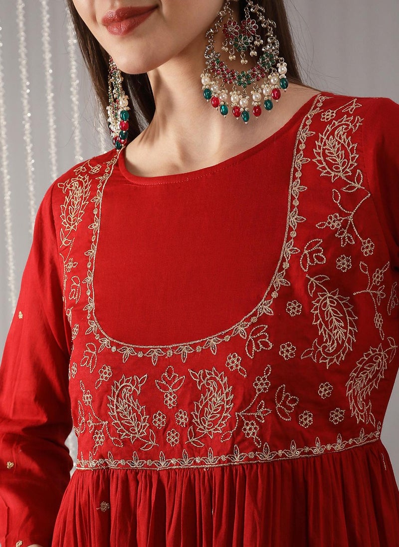 Globus Women Red Boat Neck Embroidered Gathered A-Line Maxi Festive Dress - Image 5